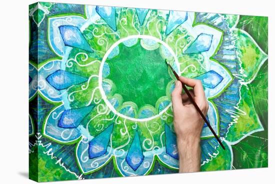 Man Painting Bright Green Picture With Circle Pattern, Mandala Of Anahata Chakra-shooarts-Stretched Canvas