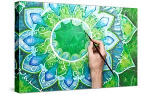 Man Painting Bright Green Picture With Circle Pattern, Mandala Of Anahata Chakra-shooarts-Stretched Canvas