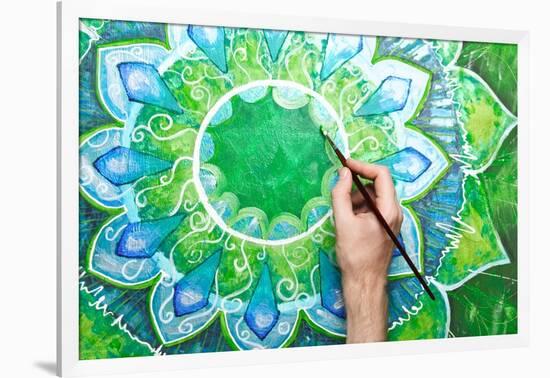 Man Painting Bright Green Picture With Circle Pattern, Mandala Of Anahata Chakra-shooarts-Framed Art Print