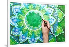 Man Painting Bright Green Picture With Circle Pattern, Mandala Of Anahata Chakra-shooarts-Framed Art Print