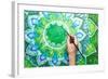 Man Painting Bright Green Picture With Circle Pattern, Mandala Of Anahata Chakra-shooarts-Framed Art Print