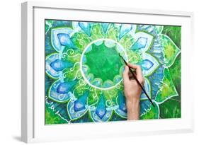 Man Painting Bright Green Picture With Circle Pattern, Mandala Of Anahata Chakra-shooarts-Framed Art Print