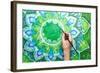 Man Painting Bright Green Picture With Circle Pattern, Mandala Of Anahata Chakra-shooarts-Framed Art Print