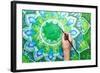 Man Painting Bright Green Picture With Circle Pattern, Mandala Of Anahata Chakra-shooarts-Framed Art Print