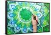 Man Painting Bright Green Picture With Circle Pattern, Mandala Of Anahata Chakra-shooarts-Framed Stretched Canvas