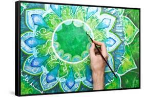 Man Painting Bright Green Picture With Circle Pattern, Mandala Of Anahata Chakra-shooarts-Framed Stretched Canvas