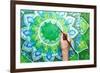 Man Painting Bright Green Picture With Circle Pattern, Mandala Of Anahata Chakra-shooarts-Framed Art Print