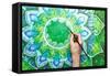 Man Painting Bright Green Picture With Circle Pattern, Mandala Of Anahata Chakra-shooarts-Framed Stretched Canvas