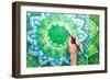 Man Painting Bright Green Picture With Circle Pattern, Mandala Of Anahata Chakra-shooarts-Framed Premium Giclee Print