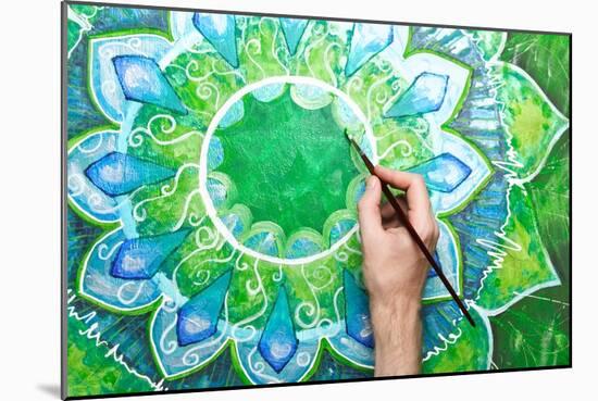 Man Painting Bright Green Picture With Circle Pattern, Mandala Of Anahata Chakra-shooarts-Mounted Premium Giclee Print