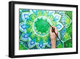 Man Painting Bright Green Picture With Circle Pattern, Mandala Of Anahata Chakra-shooarts-Framed Art Print