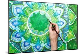 Man Painting Bright Green Picture With Circle Pattern, Mandala Of Anahata Chakra-shooarts-Mounted Art Print