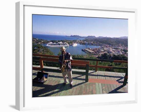 Man Playing a Saxophone at Morne Fortune, with a View Over Castries, St. Lucia, West Indies-Yadid Levy-Framed Photographic Print