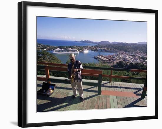 Man Playing a Saxophone at Morne Fortune, with a View Over Castries, St. Lucia, West Indies-Yadid Levy-Framed Photographic Print