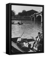 Man Playing Cello on Boat-Loomis Dean-Framed Stretched Canvas