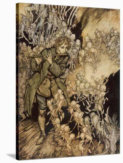 Man Playing Flute to Gnomes-Arthur Rackham-Stretched Canvas