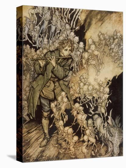 Man Playing Flute to Gnomes-Arthur Rackham-Stretched Canvas