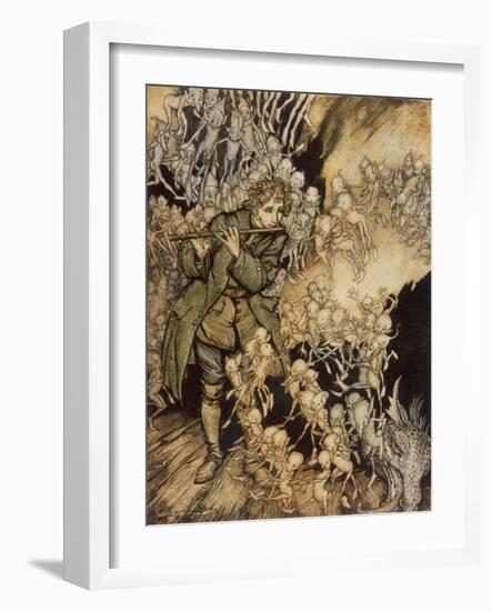 Man Playing Flute to Gnomes-Arthur Rackham-Framed Art Print