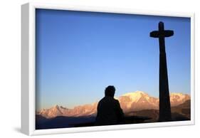 Man praying in front of Mont Blanc, Megeve, France-Godong-Framed Photographic Print