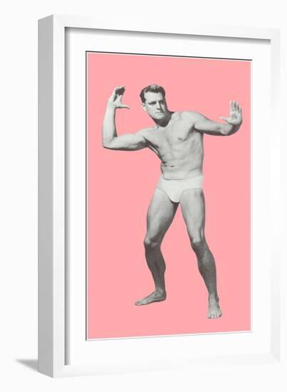 Man Pretending to Pass Football, Pink Background-null-Framed Art Print