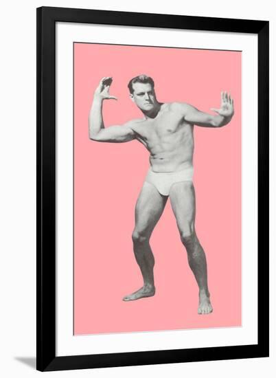 Man Pretending to Pass Football, Pink Background-null-Framed Art Print