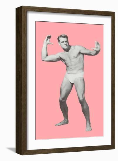 Man Pretending to Pass Football, Pink Background-null-Framed Art Print