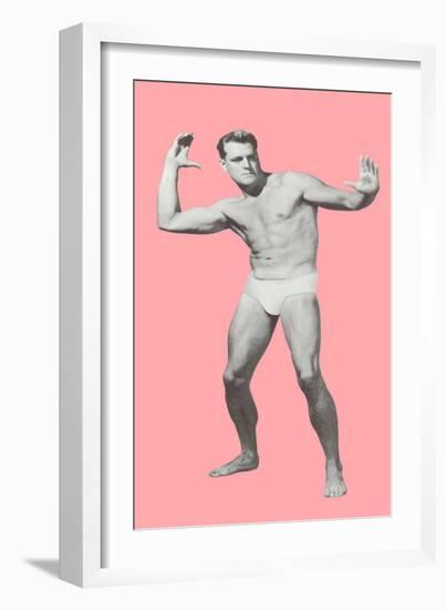 Man Pretending to Pass Football, Pink Background-null-Framed Art Print