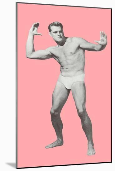 Man Pretending to Pass Football, Pink Background-null-Mounted Art Print