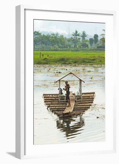 Man Punting Bamboo Raft on Situ Cangkuang Lake at This Village known for its Temple-Rob-Framed Photographic Print