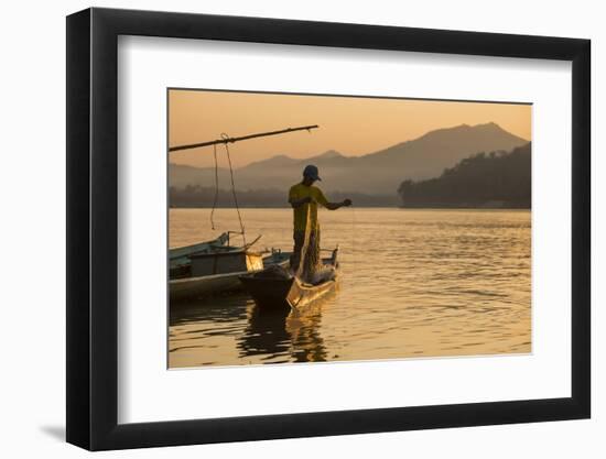 Man Reeling in Fishing Net on Mekong River, Luang Prabang, Laos, Indochina, Southeast Asia, Asia-Ben Pipe-Framed Photographic Print