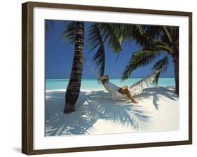 Man Relaxing on a Beachside Hammock, Maldives, Indian Ocean-Papadopoulos Sakis-Framed Photographic Print