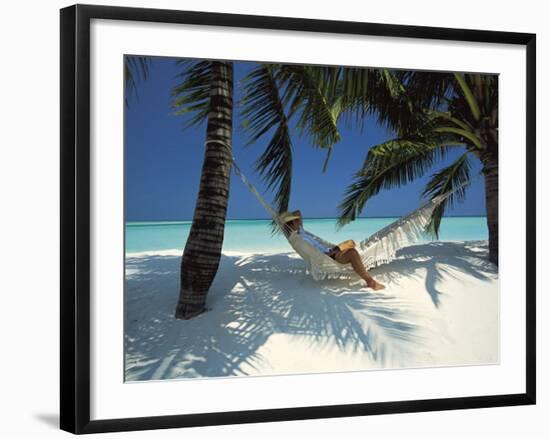 Man Relaxing on a Beachside Hammock, Maldives, Indian Ocean-Papadopoulos Sakis-Framed Photographic Print