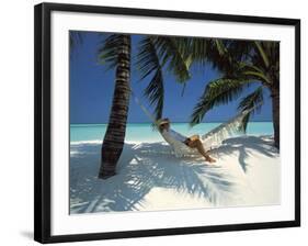 Man Relaxing on a Beachside Hammock, Maldives, Indian Ocean-Papadopoulos Sakis-Framed Photographic Print