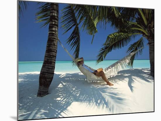 Man Relaxing on a Beachside Hammock, Maldives, Indian Ocean-Papadopoulos Sakis-Mounted Photographic Print