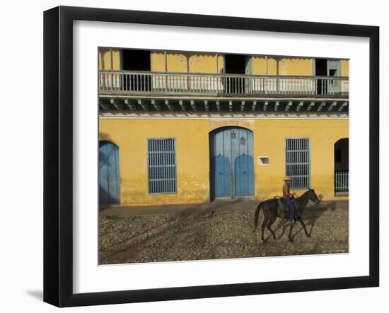 Man Riding Horse Past the Galeria Del Arte (Art Gallery), Plaza Mayor, Trinidad, Cuba-Eitan Simanor-Framed Photographic Print