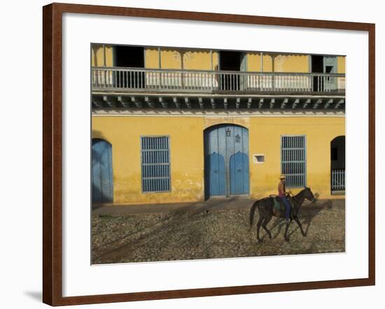 Man Riding Horse Past the Galeria Del Arte (Art Gallery), Plaza Mayor, Trinidad, Cuba-Eitan Simanor-Framed Photographic Print