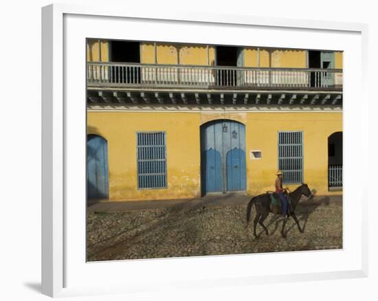 Man Riding Horse Past the Galeria Del Arte (Art Gallery), Plaza Mayor, Trinidad, Cuba-Eitan Simanor-Framed Photographic Print