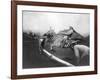 Man Riding Zebra Jumping Fence Photograph - Africa-Lantern Press-Framed Art Print