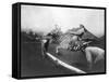 Man Riding Zebra Jumping Fence Photograph - Africa-Lantern Press-Framed Stretched Canvas