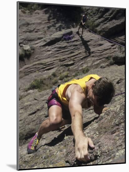 Man Rock Climbing While Tethered to Another Climber Below-null-Mounted Photographic Print