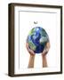 Man's Hands Holding the Planet Earth, with a Jet Aircraft Flying Above-null-Framed Art Print