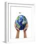 Man's Hands Holding the Planet Earth, with a Jet Aircraft Flying Above-null-Framed Art Print