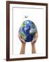 Man's Hands Holding the Planet Earth, with a Jet Aircraft Flying Above-null-Framed Art Print