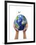 Man's Hands Holding the Planet Earth, with a Jet Aircraft Flying Above-null-Framed Art Print