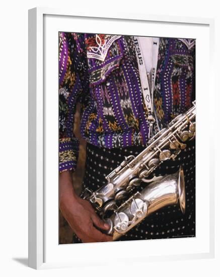 Man's Traditional Dress and Saxophone, Antigua, Guatemala-Merrill Images-Framed Photographic Print