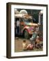 Man Seated with Two Young Boys in Front of a Wildly Painted School Bus, Woodstock Music Art Fest-John Dominis-Framed Photographic Print