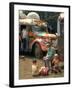 Man Seated with Two Young Boys in Front of a Wildly Painted School Bus, Woodstock Music Art Fest-John Dominis-Framed Photographic Print