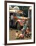 Man Seated with Two Young Boys in Front of a Wildly Painted School Bus, Woodstock Music Art Fest-John Dominis-Framed Photographic Print