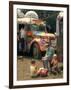 Man Seated with Two Young Boys in Front of a Wildly Painted School Bus, Woodstock Music Art Fest-John Dominis-Framed Photographic Print