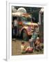 Man Seated with Two Young Boys in Front of a Wildly Painted School Bus, Woodstock Music Art Fest-John Dominis-Framed Photographic Print